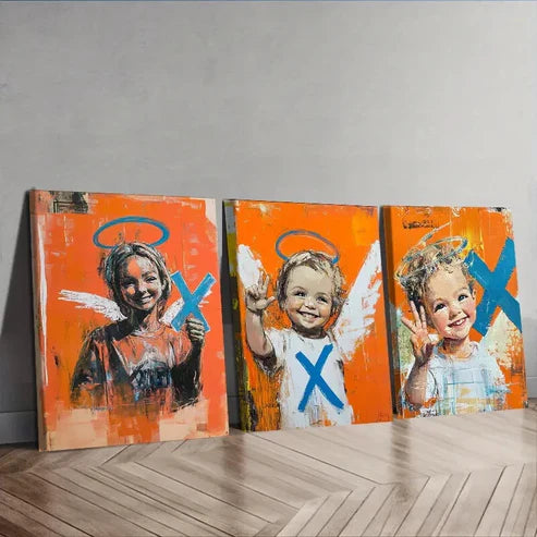 3pcs Abstract Angel Trio, Orange & Blue Accent Wall Art Set Canvas Unframed - High Quality Print 100% Australian Made Wall Canvas