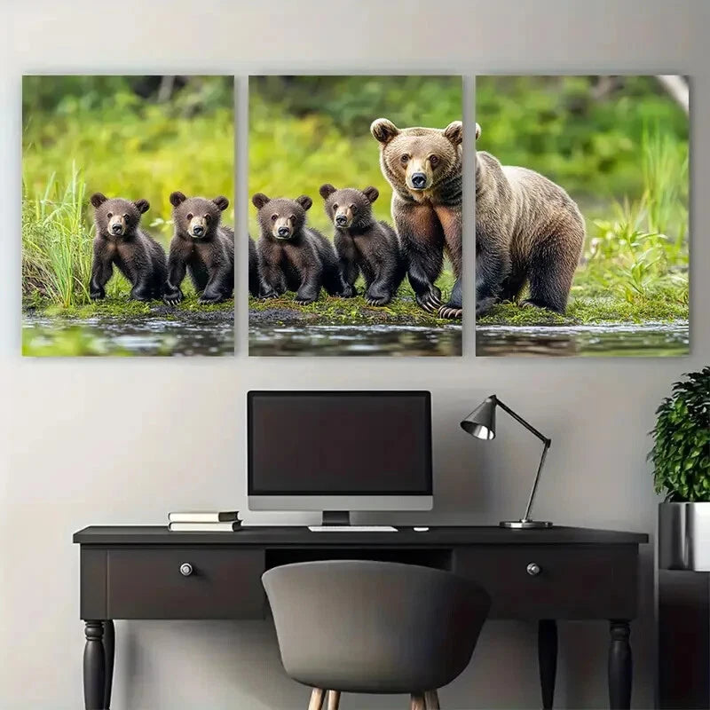 3pcs Mother Bear Cubs Woodland Habitat Metal Print Ready to Hang Art - Bella Home Decor