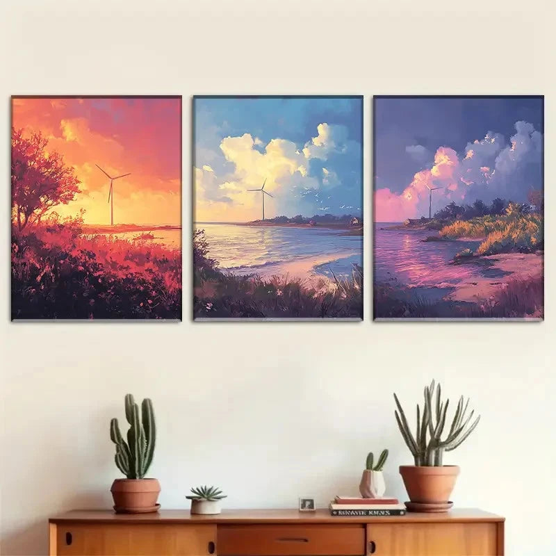3pcs Wind Turbine Coastal Landscape Art Metal Print Ready to Hang Art - Bella Home Decor