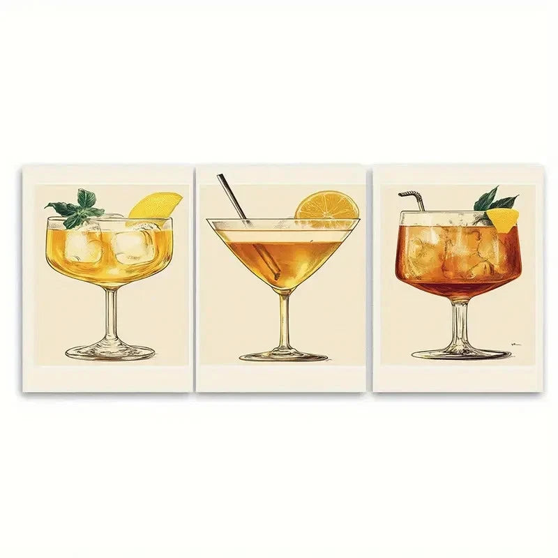 3pcs Bee'S Knees Cocktail Vintage Retro Gin Bar Wall Art Set Canvas Framed 50x70cm - High Quality Print 100% Australian Made Wall Canvas Ready to Hang - Bella Home Decor