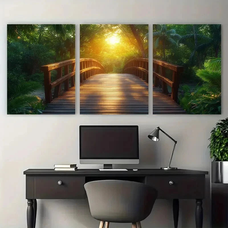 3pcs Sunlit Wooden Bridge in Tropical Jungle Metal Print Ready to Hang Art - Bella Home Decor