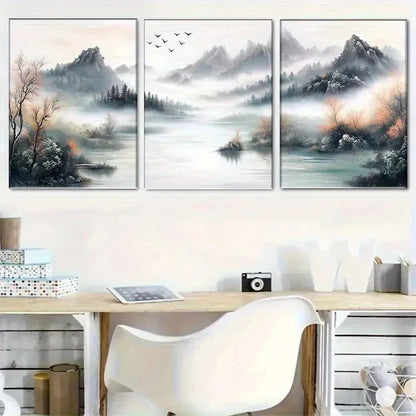 3pcs Chinese Style Landscape with Fog and Birds Metal Print Ready to Hang Art - Bella Home Decor