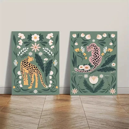 2pcs Decorative Painting, Cheetah, Feline, Floral Botanical Canvas Framed 50x75cm - High Quality Print 100% Australian Made Wall Canvas Ready to Hang - Bella Home Decor