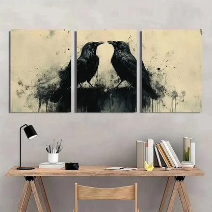 3pcs Black Crows Beige and Black Themed Wall Art Set Canvas Framed 60x90cm - High Quality Print 100% Australian Made Wall Canvas Ready to Hang - Bella Home Decor