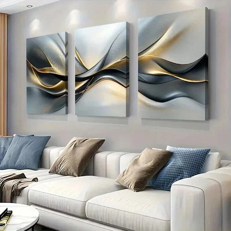 3pcs Elegant Silver Black And Golden Wall Art Set Canvas Framed 50x70cm - High Quality Print 100% Australian Made Wall Canvas Ready to Hang