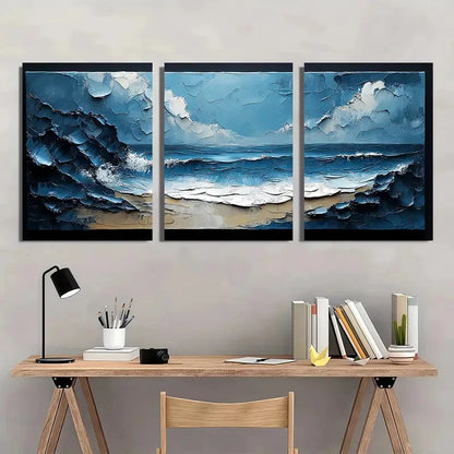 3pcs Abstract Ocean Waves Blue & Gray Textured Metal Print Ready to Hang Art - Bella Home Decor