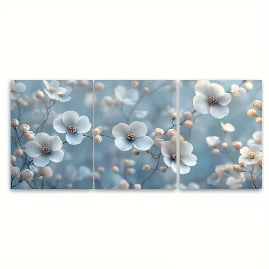 3pcs Elegant White Floral Bush Metal Print Ready to Hang Art