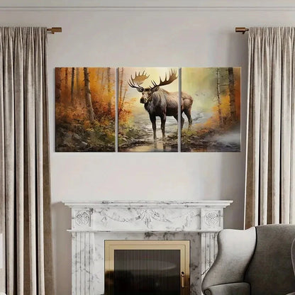 3pcs Majestic Moose Forest Scene Autumn Colors Metal Print Ready to Hang Art - Bella Home Decor