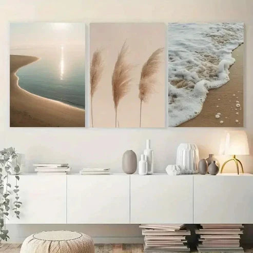 3pcs Beach, Pampas Grass, Waves Wall Art Canvas Unframed - High Quality Print 100% Australian Made Wall Canvas - Bella Home Decor