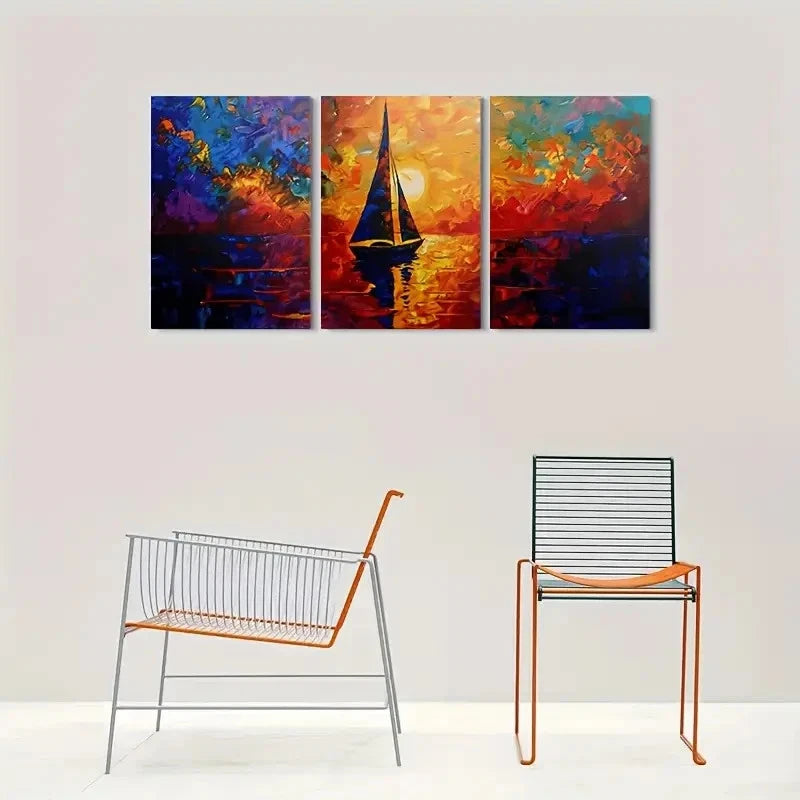3pcs Abstract Sunset Sailboat Triptych Metal Print Ready to Hang Art - Bella Home Decor