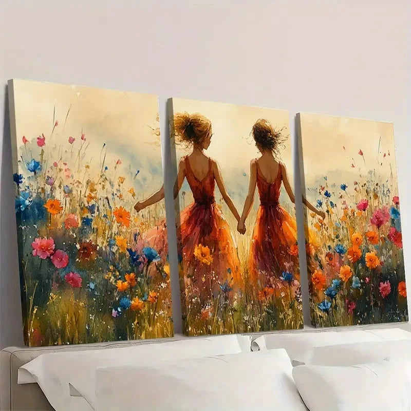 3pcs Vibrant Orange & Blue Floral Design OB  Framed Wall Art Set Canvas Framed 50x70cm - High Quality Print 100% Australian Made Wall Canvas Ready to Hang
