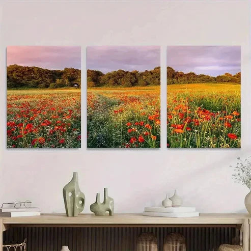 3pcs Beautiful Poppy Field Triptych Wall Art Canvas Unframed - High Quality Print 100% Australian Made Wall Canvas - Bella Home Decor