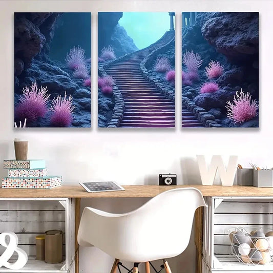 3pcs A Magical Journey Up The Glowing Stair Wall Art Set Canvas Framed 50x70cm - High Quality Print 100% Australian Made Wall Canvas Ready to Hang