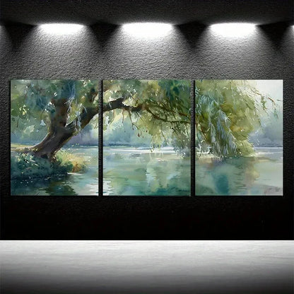 3pcs Vibrant Nature Inspired Willow tree with Lake Metal Print Ready to Hang Art - Bella Home Decor