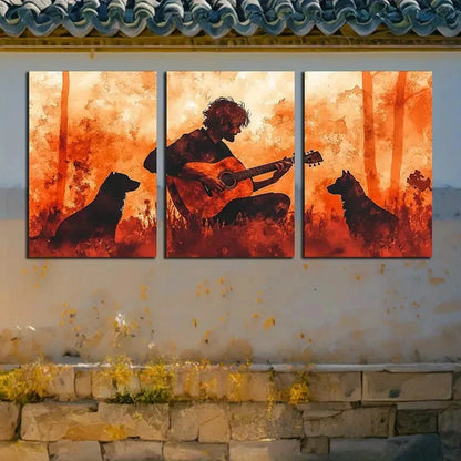 3pcs Vibrant Guitar Player & Dog Rustic Design Metal Print Ready to Hang Artc - Bella Home Decor