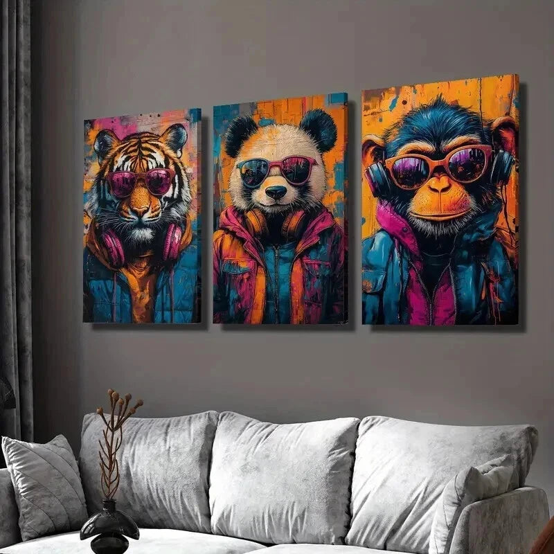 3pcs Tiger Panda and Gorilla Stylish Beasts Wall Art Set Canvas Framed 50x70cm - High Quality Print 100% Australian Made Wall Canvas Ready to Hang