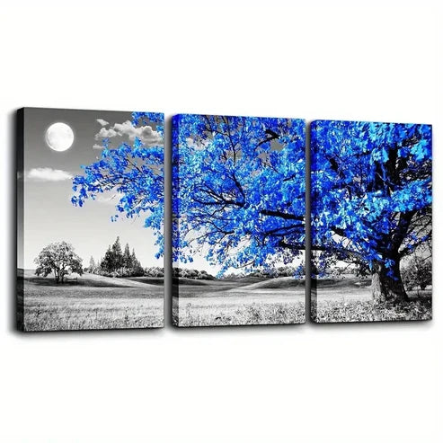 3pcs Blue Tree Moon Landscape with Vibrant Blue Hues Wall Art Set Canvas Unframed - High Quality Print 100% Australian Made Wall Canvas