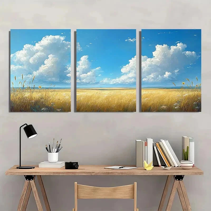 3pcs White Cloudy Blue Sky & Golden Wheat Metal Print Ready to Hang Art - Bella Home Decor