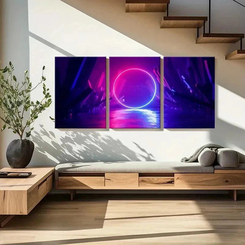 3pcs Neon Sci-fi Circle Fantasy Landscape Wall Art Set Canvas Framed 60x90cm - High Quality Print 100% Australian Made Wall Canvas Ready to Hang - Bella Home Decor