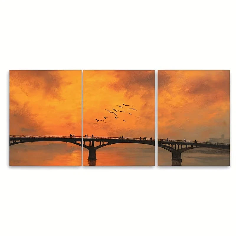 3pcs Bridge and Seagulls Art, Metal Print Ready to Hang Art - Bella Home Decor