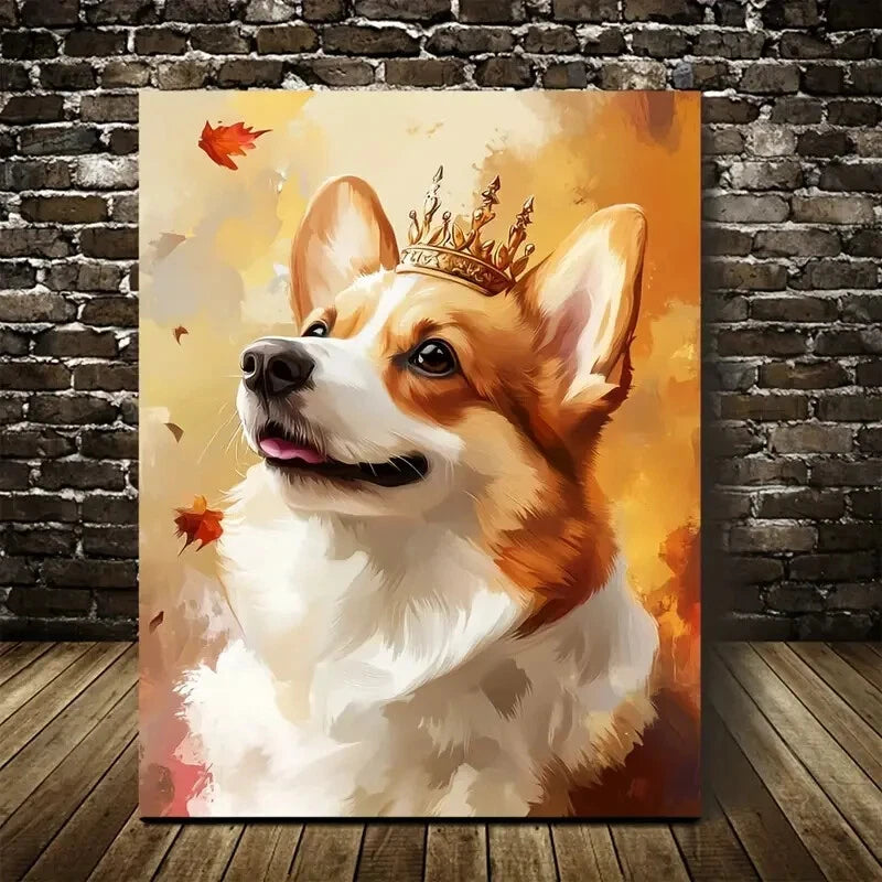 Crowned Corgi with Autumn Leaves Painting 40x60cm Metal Print Ready to Hang - Bella Home Decor