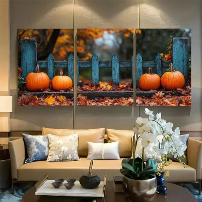 3pcs Rustic Fence & Pumpkin Autumn Leaves Metal Print Ready to Hang Art