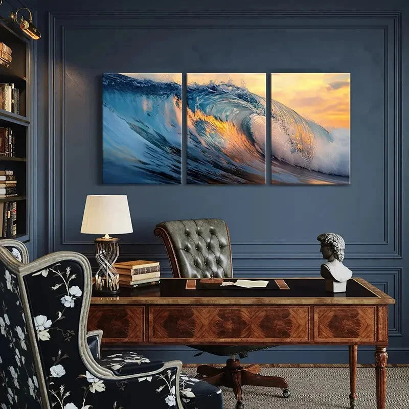 3pcs Ocean Wave Sunset Glow Nature Landscape Metal Print Ready to Hang Art - Bella Home Decor