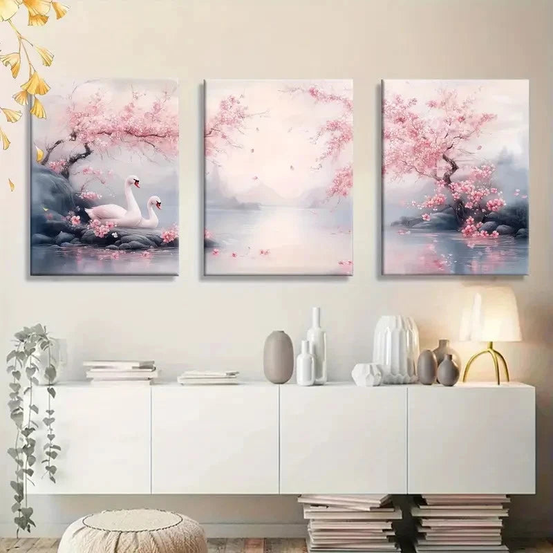 3pcs Cherry Blossom Swan Lake Oil Painting Metal Print Ready to Hang Art - Bella Home Decor