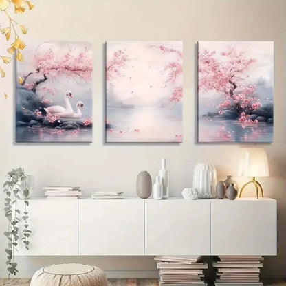 3pcs Cherry Blossom Swan Lake Oil Painting Metal Print Ready to Hang Art - Bella Home Decor