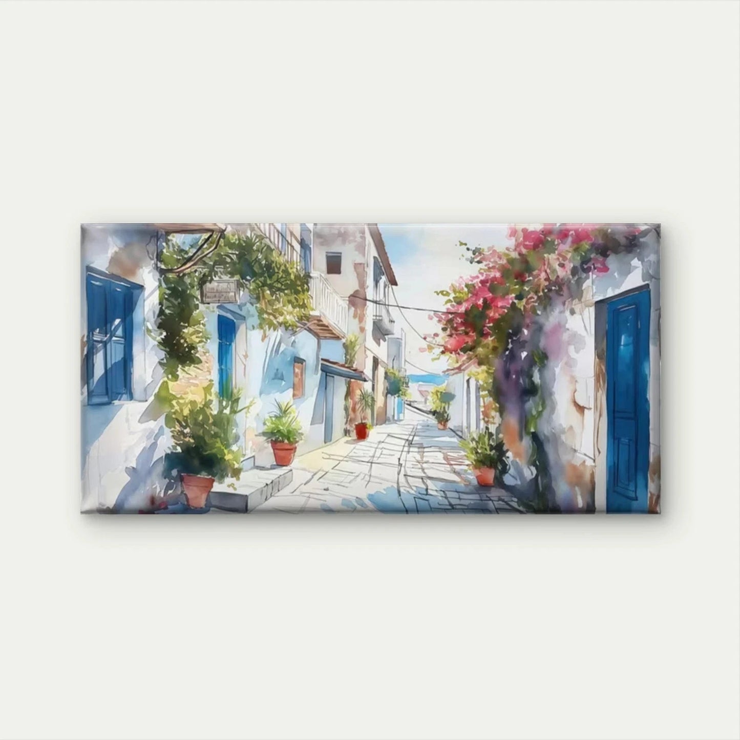 Mediterranean Street Watercolor Wall Art Canvas Office Home Room Framed 120x60cm