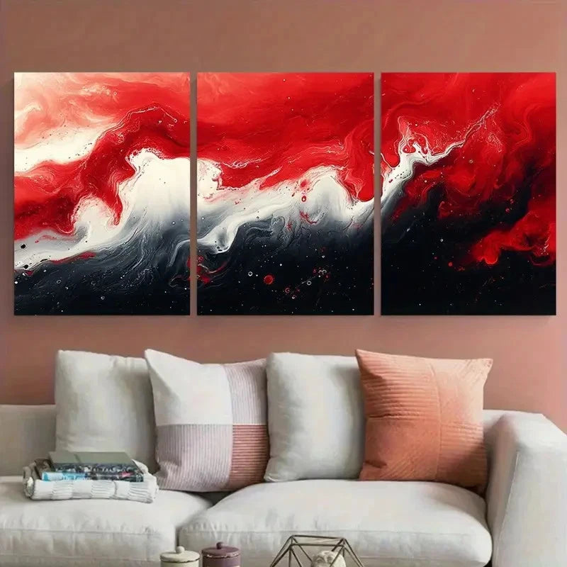 3pcs Elegant Red and White Fluid Abstract Wall Art Set Canvas Framed 50x70cm - High Quality Print 100% Australian Made Wall Canvas Ready to Hang