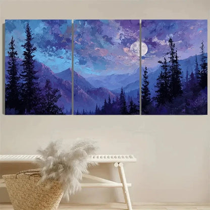 3pcs Serene Mountain and Moonlit Forest Wall Art Set Canvas Framed 50x70cm - High Quality Print 100% Australian Made Wall Canvas Ready to Hang