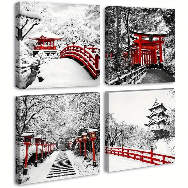 4pcs Japanese Asian Nature Landscape Black White Wall Art Canvas Framed - Bella Home Decor