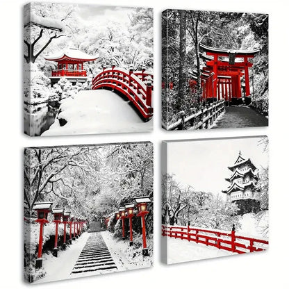 4pcs Japanese Asian Nature Landscape Black White Wall Art Canvas Framed - Bella Home Decor