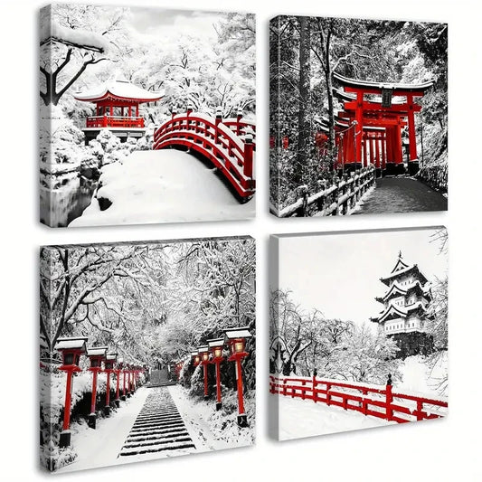 4pcs Japanese Asian Nature Landscape Black White Wall Art Canvas Framed