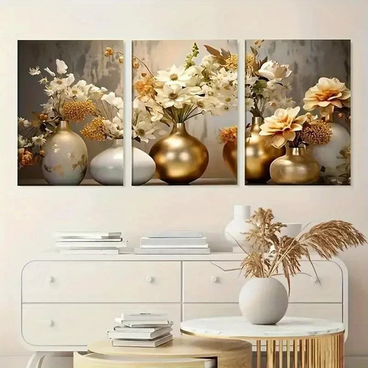 3pcs Golden and White Flowers Painting Metal Print Ready to Hang Art