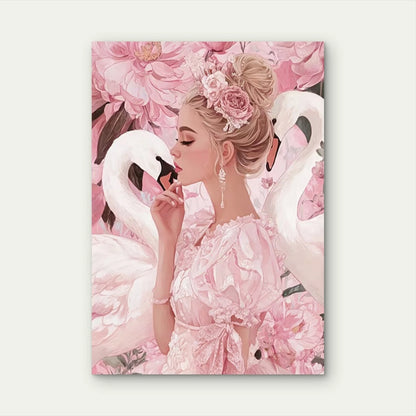 Elegant Swan Whimsical Pink Floral Design Metal Print Ready to Hang
