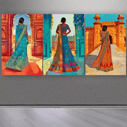 3pcs Elegant Traditional Women in Cultural Attire Wall Art Canvas Unframed - High Quality Print 100% Australian Made Wall Canvas