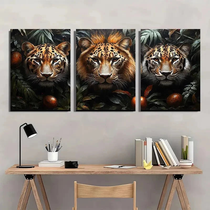 3pcs Jungle Overlord Leopard Lion And Tiger Wall Art Set Canvas Framed 60x90cm - High Quality Print 100% Australian Made Wall Canvas Ready to Hang
