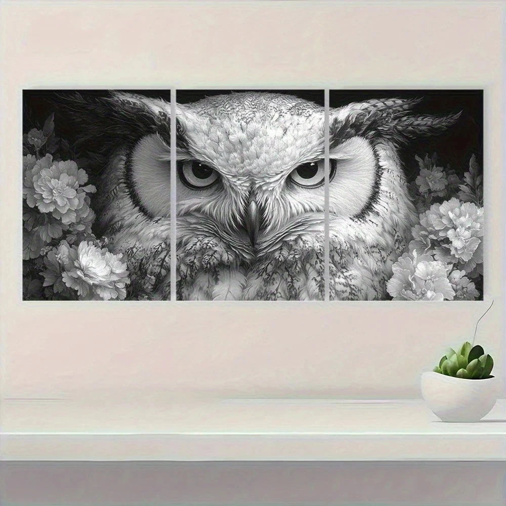 3pcs Black and White Owl Fantasy Metal Print Ready to Hang Art - Bella Home Decor