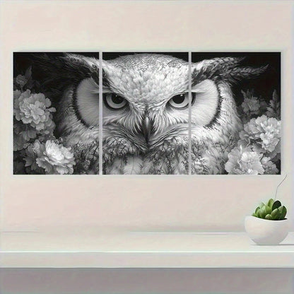 3pcs Black and White Owl Fantasy Metal Print Ready to Hang Art - Bella Home Decor