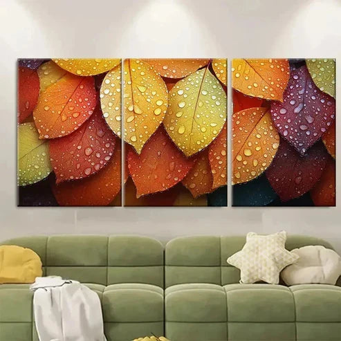 3pcs Dew Covered Leaves Wall Art Set Canvas Unframed – High Quality Print 100% Australian Made Wall Canvas - Bella Home Decor
