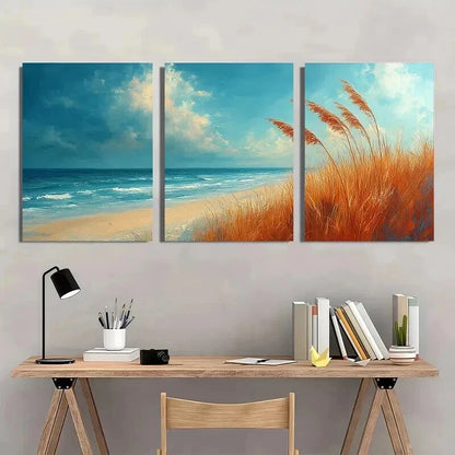 3pcs Beach Scene with Sea Oats Blowing Wall Art Set Canvas Framed 40x60cm - High Quality Print 100% Australian Made Wall Canvas Ready to Hang - Bella Home Decor