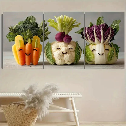 3pcs Funny Vegetables Kitchen Nursery Decor Art Wall Art Set Canvas Framed 40x60cm - High Quality Print 100% Australian Made Wall Canvas Ready to Hang - Bella Home Decor