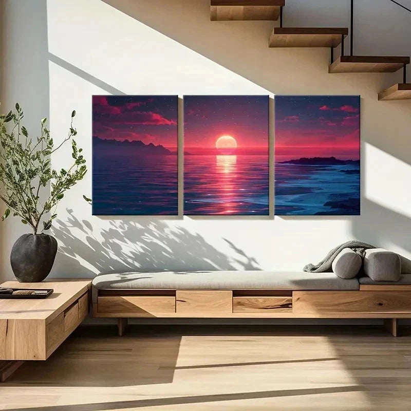 3pcs Sunset Horizon Sea Ocean Vintage Wall Art Set Canvas Framed 50x70cm - High Quality Print 100% Australian Made Wall Canvas Ready to Hang