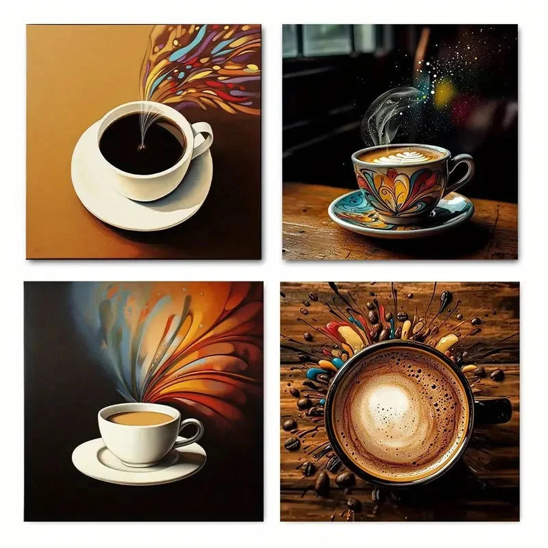 4pcs Abstract Coffee Cup Artwork Wall Art Canvas Framed
