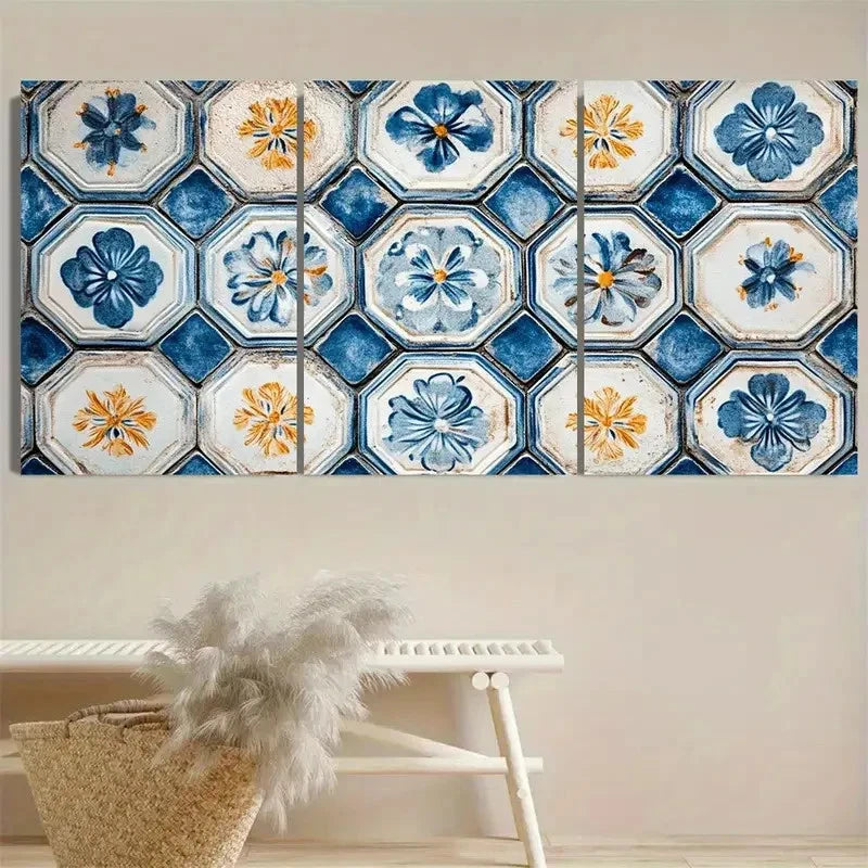 3pcs Blue Floral Octagonal Tile Wall Art Set Canvas Framed 40x60cm - High Quality Print 100% Australian Made Wall Canvas Ready to Hang - Bella Home Decor