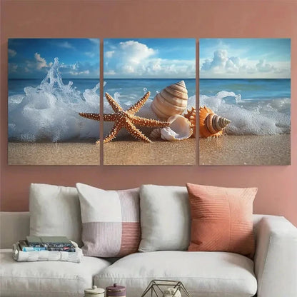3pcs Coastal Beach Photography Starfish & Shells Wall Art Set Canvas Framed 60x90cm - High Quality Print 100% Australian Made Wall Canvas Ready to Hang - Bella Home Decor