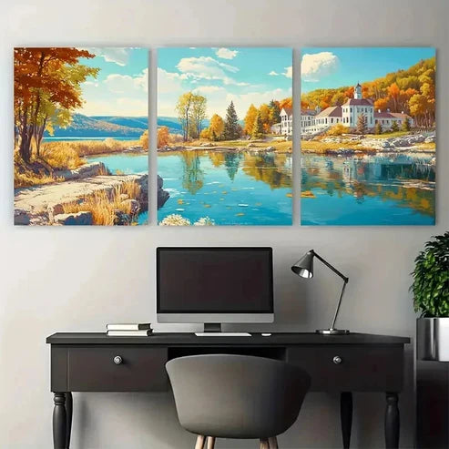 3pcs Vibrant Autumn Scenery Lake Mansion Perfect Wall Art Set Canvas Unframed – High Quality Print 100% Australian Made Wall Canvas