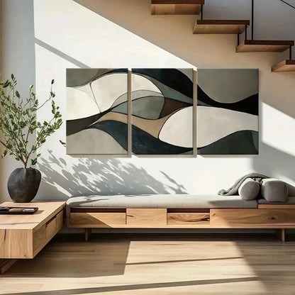 3pcs Abstract Wavy Flowing Lines Neutral Colors Wall Art Set Canvas Framed 40x60cm - High Quality Print 100% Australian Made Wall Canvas Ready to Hang
